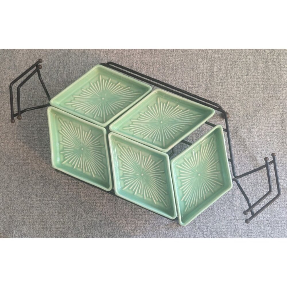 Green/Teal Glazed Ceramic Party/Snack Tray on Wire Frame, Vintage/MCM, 5pc - Picture 2 of 6